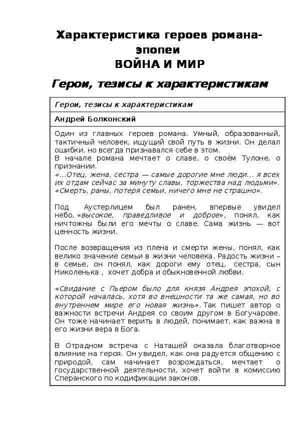 Главные герои романа война и мир толстого (характеристика)
